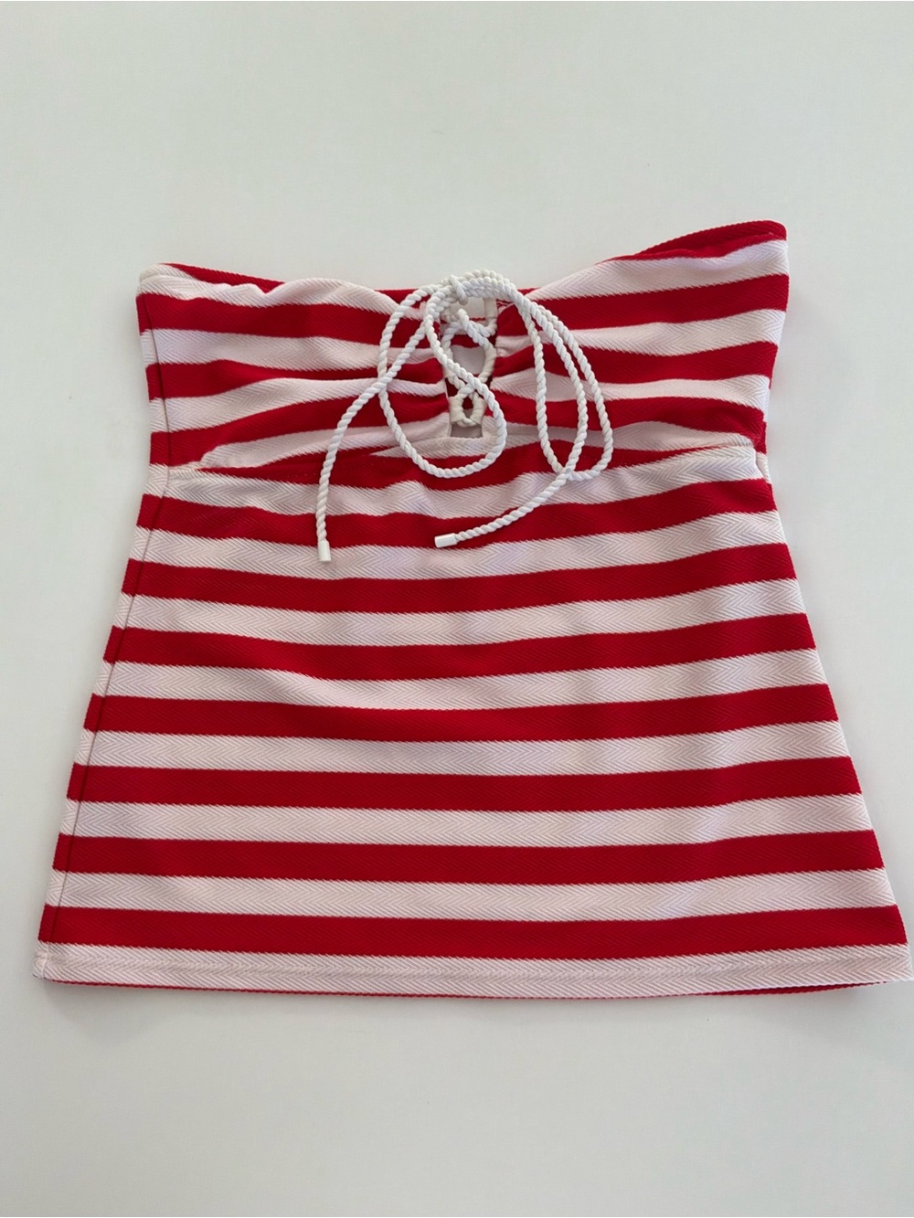 Red and White Striped Lace-Up Tube Top by Ra